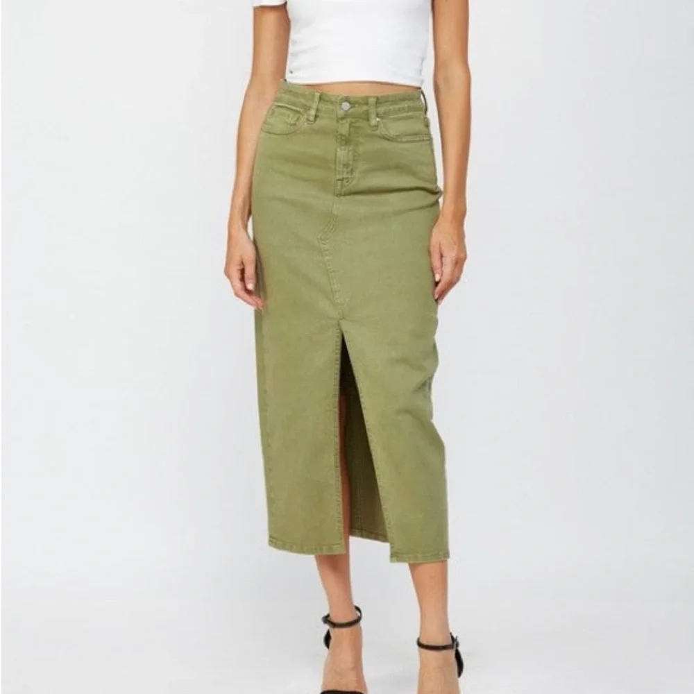 Cotton On NWT Khaki Green Denim Front Slit Midi Skirt Size 2